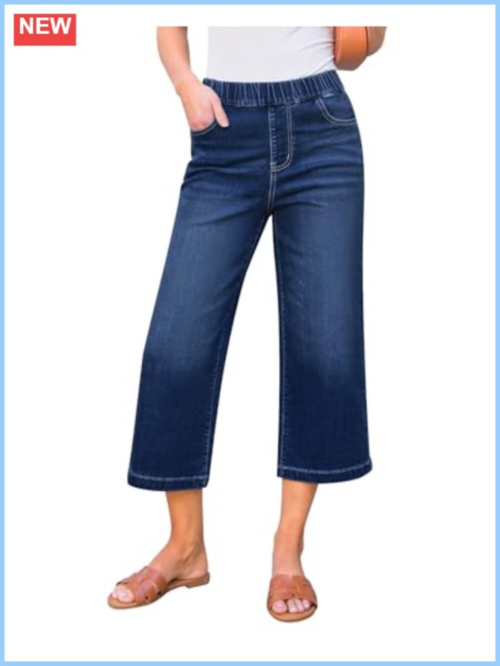 Wide Leg High Waisted Pull On Stretchy Denim Capri Jeans with Pockets
